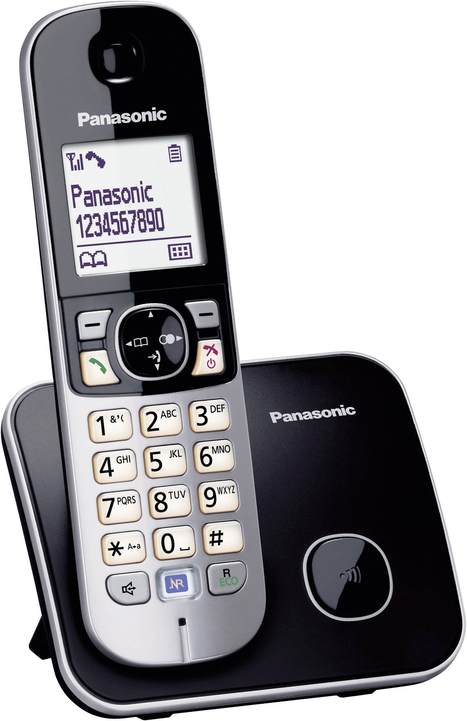 Schnurloses Panasonic-Telefon mit Basisstation, Anzeige zeigt Telefonnummer 1234567890.