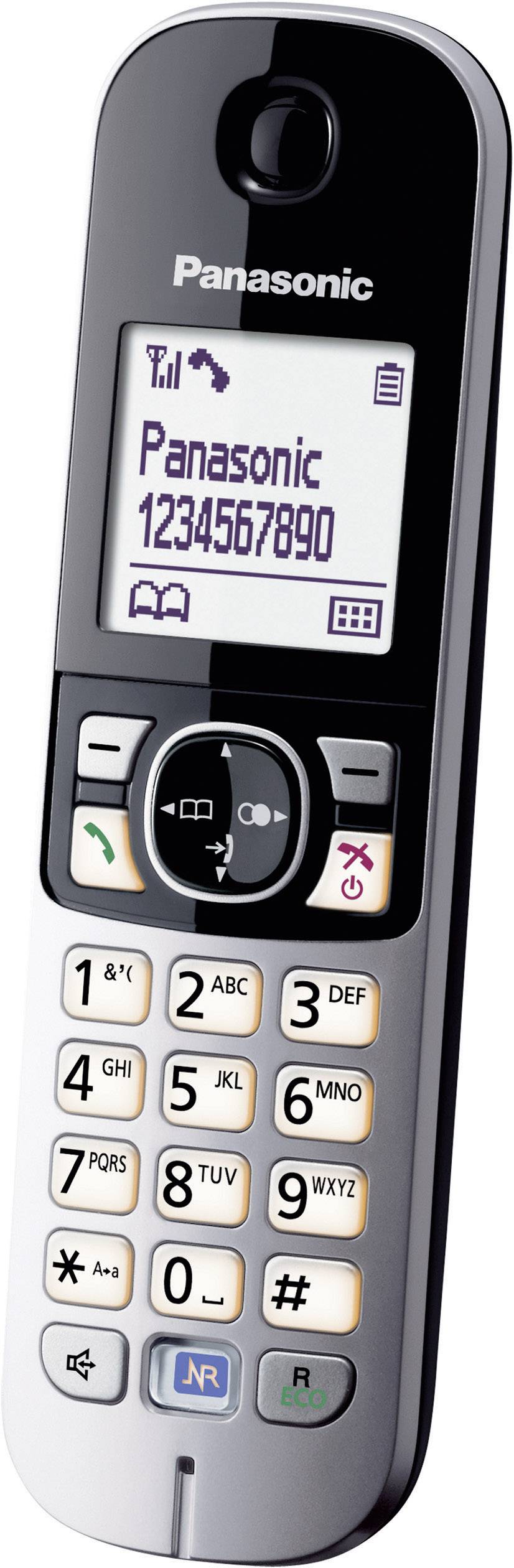 Schnurloses Telefon mit Display. Zeigt 'Panasonic' und die Nummer '1234567890'. Tasten mit Zahlen und Symbolen darunter.