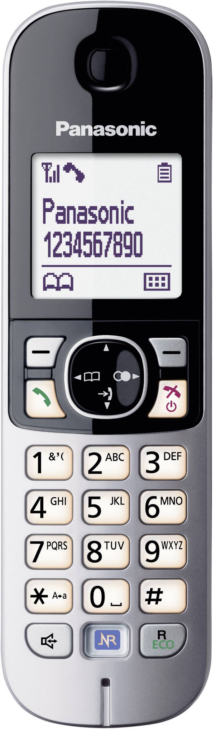 Schnurloses Panasonic-Telefon mit beleuchteten Tasten und Display. Das Display zeigt 'Panasonic' und eine Telefonnummer an.
