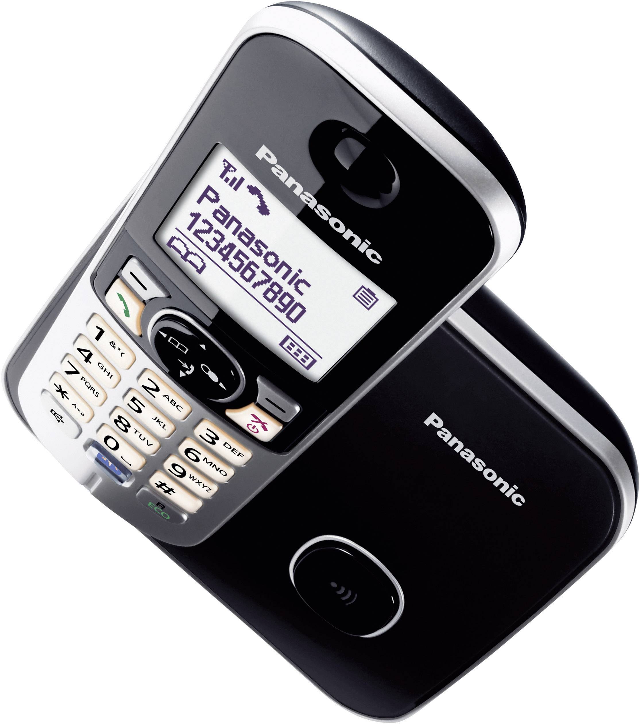Kabelloses DECT Telefon von Panasonic in Schwarz mit einer Basisstation. Display zeigt 'Panasonic' und eine Telefonnummer. Tastatur mit mehreren Tasten.