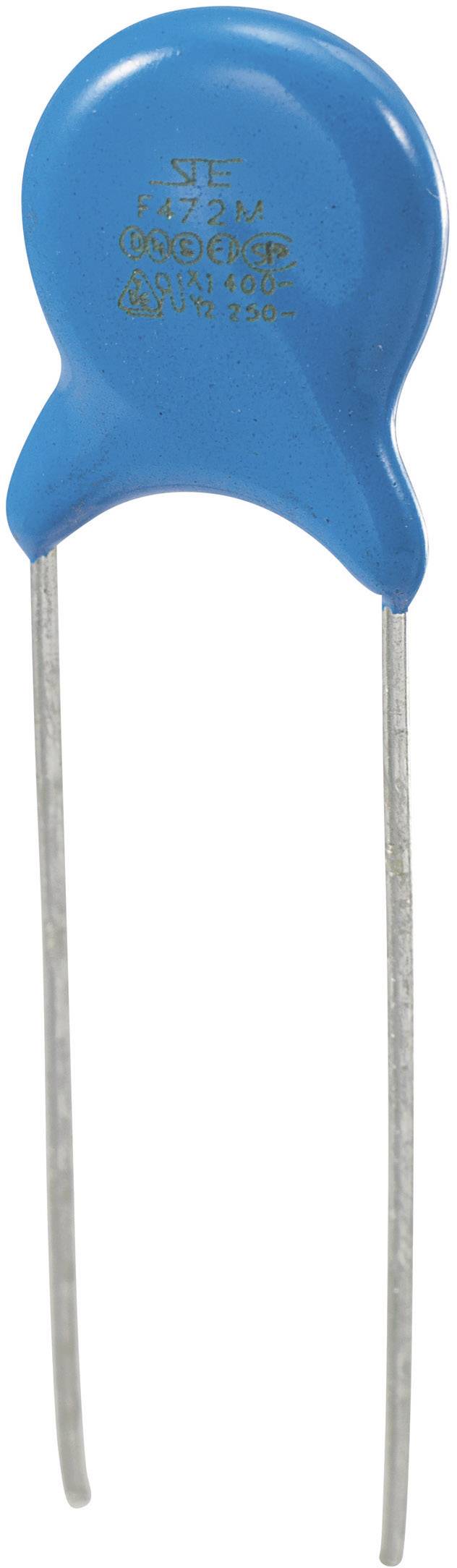 Ein blauer keramischer Kondensator mit zwei Metallbeinen.