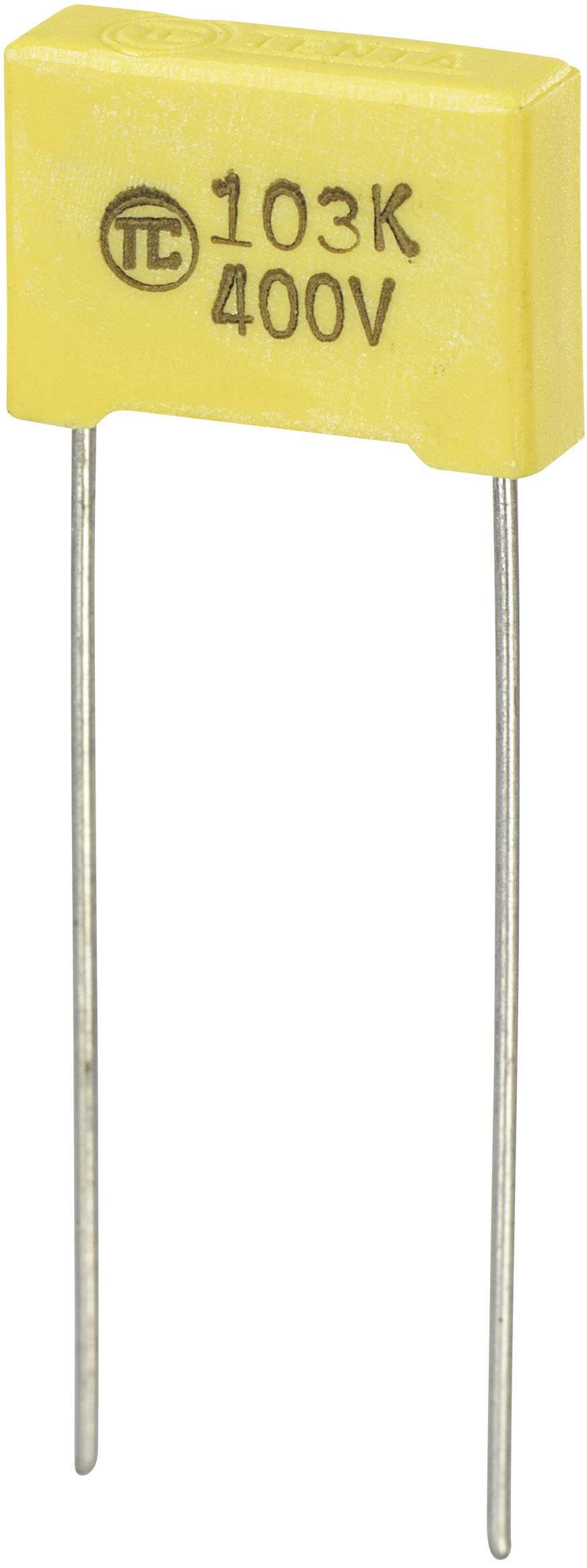 Ein gelber Keramik-Kondensator mit der Aufschrift '103K 400V' und zwei herausragenden Metalldrähten.