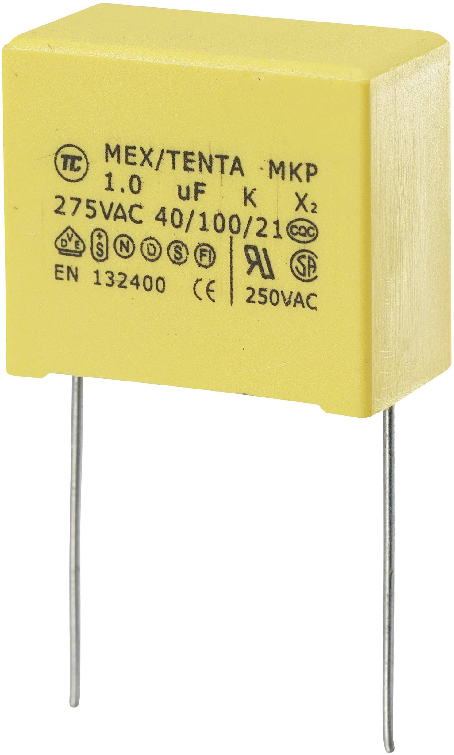 Gelber Rechteckkondensator mit Aufschrift: 'MEX/TENTA MKP, 1.0 µF, 275VAC 40/100/21C, EN 132400'. Zwei Drähte unten.