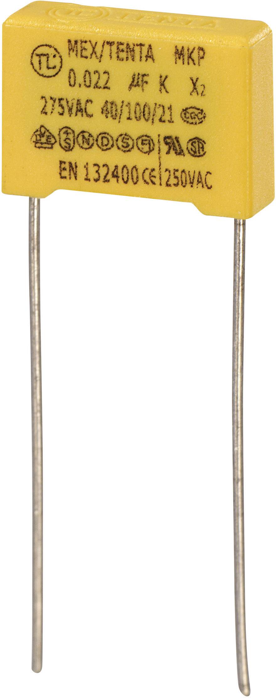 Kondensator mit gelbem Gehäuse und zwei Metallanschlüssen. Aufschrift zeigt Kapazität von 0,022 µF, Spannung 275VAC, und Norm EN 132400.