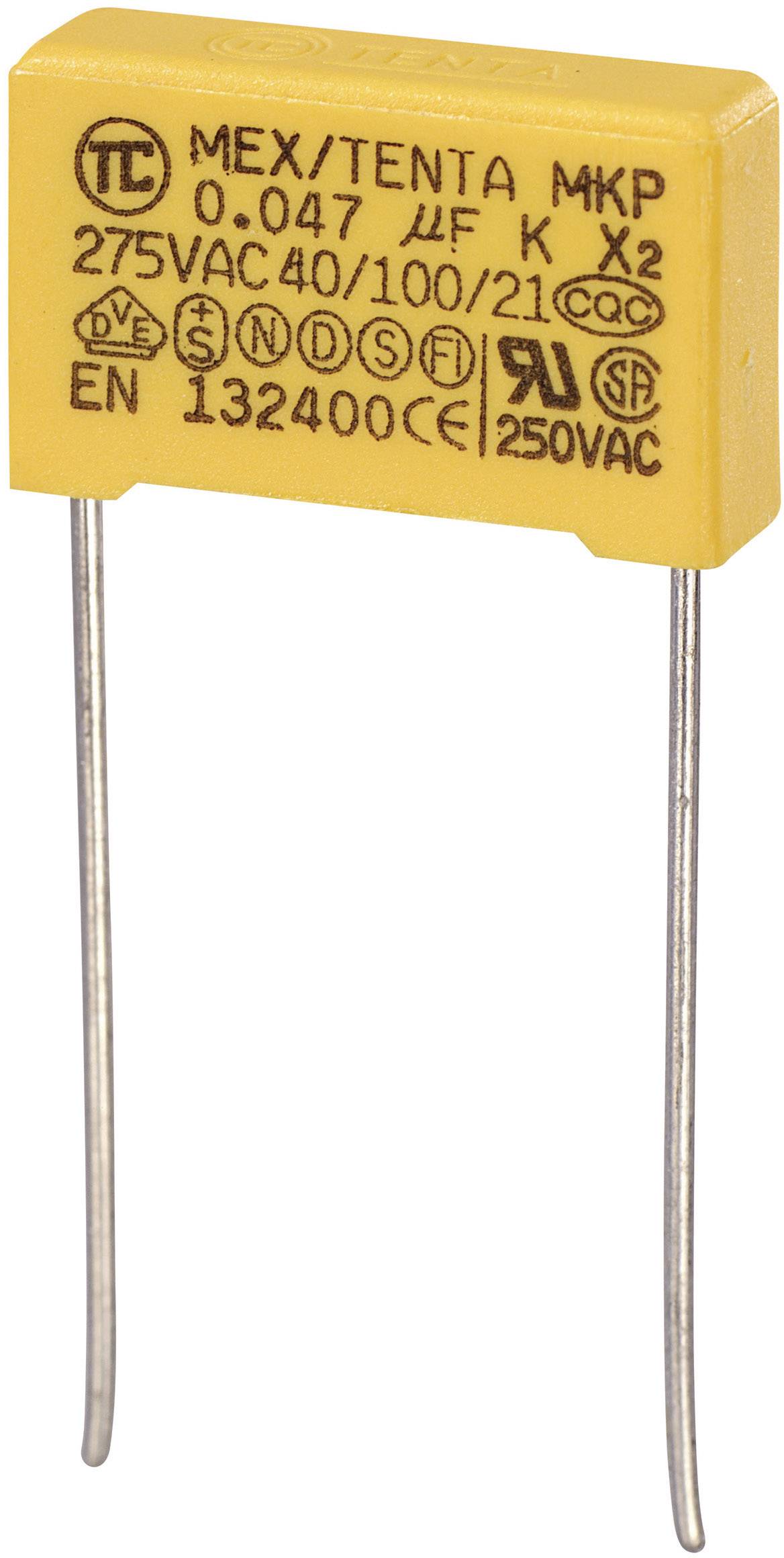 Ein gelber Kondensator mit der Aufschrift 'MEX/TENTA MKP', Nennspannung 275VAC, Kapazität 0,047 µF, K2 Klasse, zwei Anschlussdrähte.
