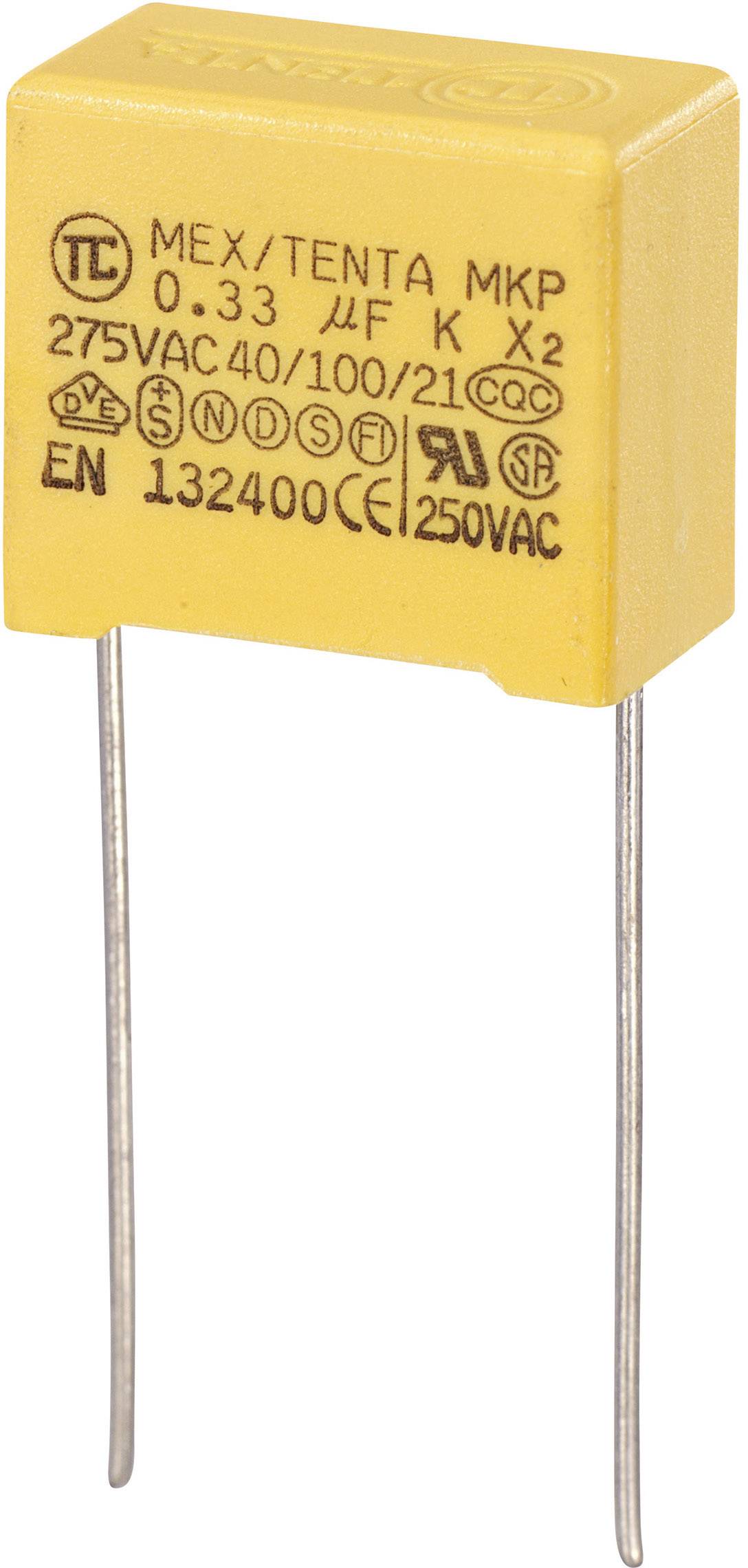 Gelber MKP-Kondensator mit zwei Anschlussdrähten. Aufdruck: '275VAC', '250VAC', '0,33 µF', verschiedene Prüfzeichen und Modellnummern.