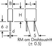 Technische Zeichnung eines elektronischen Bauteils mit Maßen: Breite (B), Höhe (H), Länge (L), Durchmesser (d), Rastermaß (RM) und Drahtaustritt.