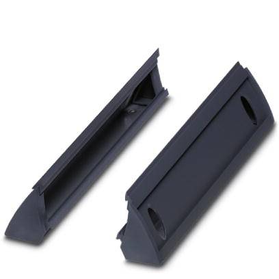 Zwei schwarze, keilförmige Halterungen aus Kunststoff, seitlich betrachtet. Sie sind identisch und liegen parallel zueinander.