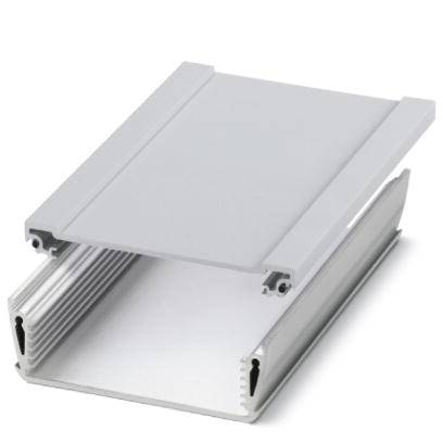 Silbernes Metallgehäuse in rechteckiger Form, teils geöffnet, zur Elektronikmontage und -schutz, zeigt Nuten zur Befestigung.