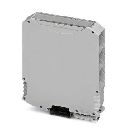 Ein graues elektronisches Gerät in einem rechteckigen Gehäuse. Es hat zwei seitliche Steckverbinder und eine flache Oberseite.