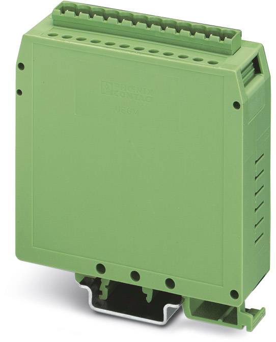Ein grünes elektrisches Gerät mit Steckverbindungen, vermutlich ein elektronisches Modul, im vertikalen Format.