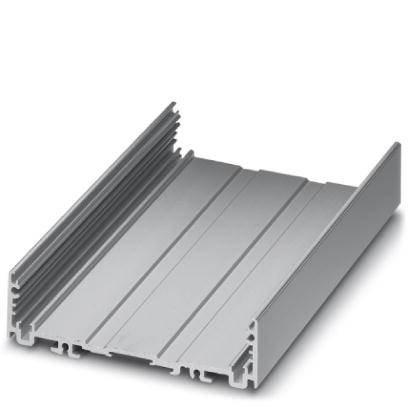 Silbernes Metallprofil mit parallelen Rillen und seitlichen Führungsschienen, möglicherweise für Bauzwecke oder technische Anwendungen.