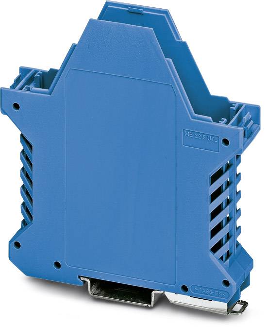Ein blaues elektronisches Gehäuse, das in Schalttafeln eingesetzt wird. Es hat belüftete Seiten und passt auf eine DIN-Schiene.