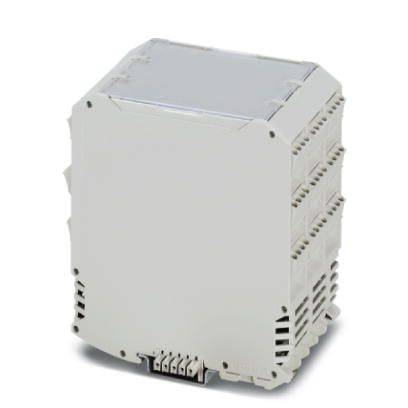 Ein elektrisches Gehäuse mit mehreren Lüftungsschlitzen und Anschlüssen an der Unterseite, geeignet für industrielle Anwendungen.