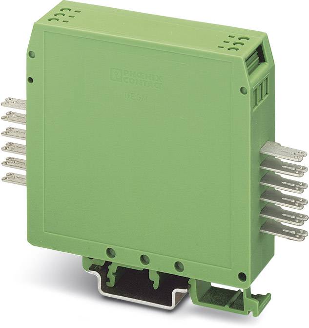 Grünes elektrisches Relaisgehäuse mit mehreren seitlichen Anschlüssen, montiert auf einer DIN-Schiene.