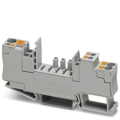 Grau-orange Reihenklemme mit mehreren Anschlussstellen und Schienenkontakt, zur elektrischen Verdrahtung in Schaltkästen verwendet.