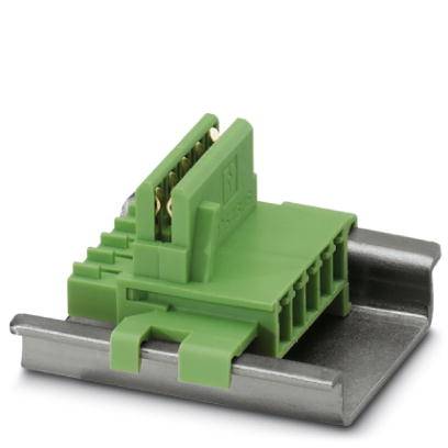Grüner Steckverbinder auf Metallträger für elektrische Verbindungen, mit mehreren Kontakten.