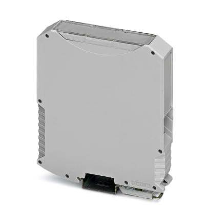 Ein graues elektronisches Gerätgehäuse mit rechteckiger Form, geeignet zur Wand- oder Schienenmontage, ohne sichtbare Bedienelemente.