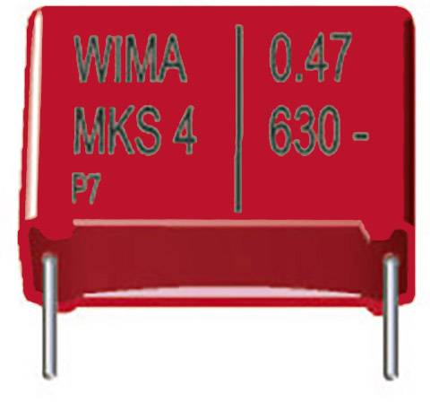 Roter Folienkondensator mit der Aufschrift 'WIMA MKS 4', Kapazität '0,47', Spannung '630V'.