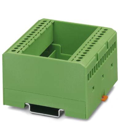 Grünes rechteckiges Kunststoffgehäuse mit mehreren Lochreihen oben, geeignet für elektronische Bauteile, auf DIN-Schienen montierbar.