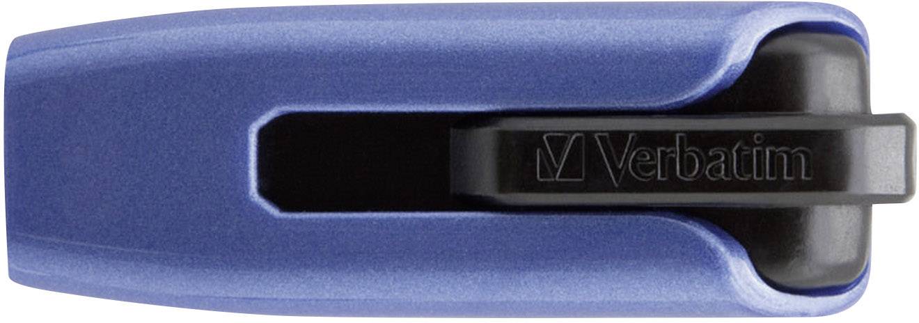 Ein blauer USB-Stick von Verbatim, mit schwarzem Schiebemechanismus und 'Verbatim'-Logo, auf einer glatten Oberfläche liegend.