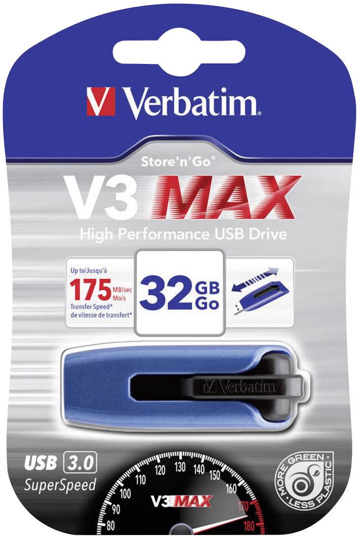 Verbatim V3 MAX USB-Stick, 32GB, USB 3.0, Übertragung bis zu 175 MB/s, blau. Hohe Leistung und umweltfreundlich.