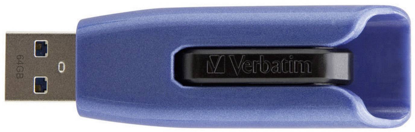 Blauer USB-Stick mit Metallanschluss, markiert mit 'Verbatim' in der Mitte. Geeignet für Speicher- und Datenübertragung.