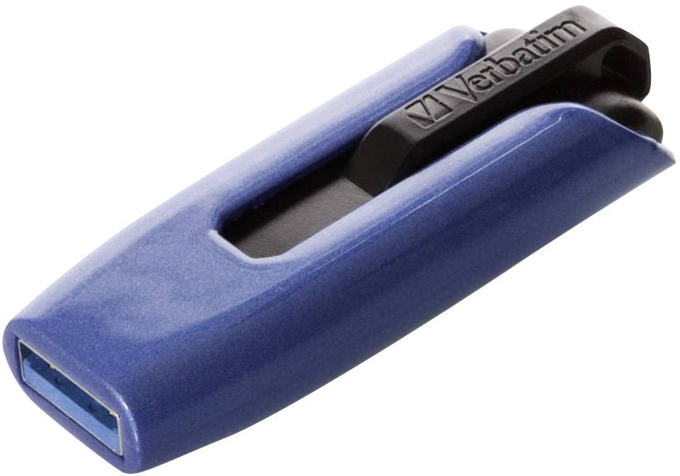 Blauer USB-Stick mit schwarzem Schieber, Markenname sichtbar. Hauptfunktion: Speicherung und Übertragung von digitalen Daten.