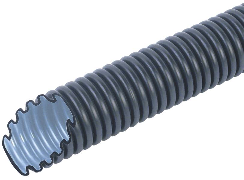 Schwarzer, flexibler Wellschlauch mit glatter Innenstruktur, zeigt Schnittdarstellung der Wandstruktur. Verwendet zur Kabeldurchführung.