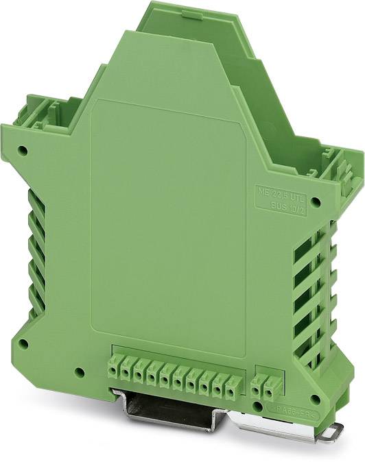 Grünes, rechteckiges Elektronikgehäuse mit mehreren Anschlussklemmen an der Unterseite. Geeignet für Hutschienenmontage.