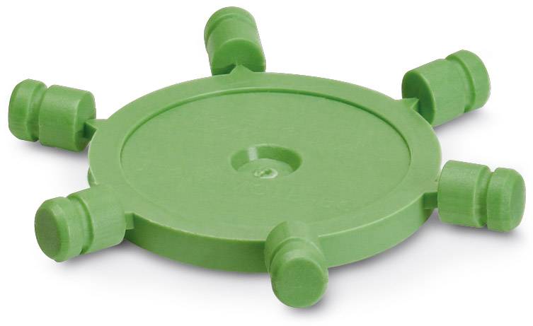 Ein grüner runder Adapter mit sechs abstehenden Steckverbindern, verwendet für das Verbinden von Schläuchen oder Leitungen.
