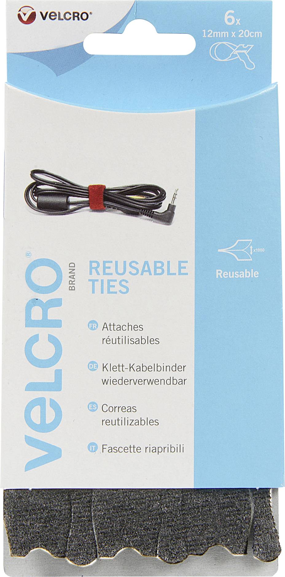 Verpackung für wiederverwendbare Klett-Kabelbinder, Marke Velcro. Enthält sechs Kabelbinder, 12 mm x 20 cm, schwarz, mehrsprachige Beschreibung.