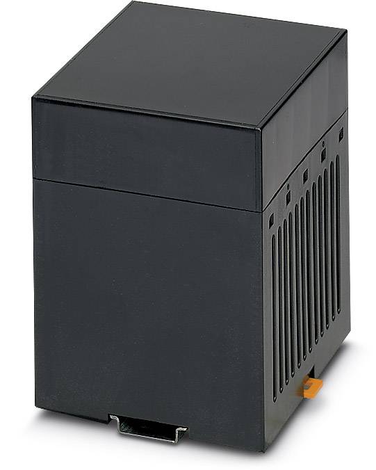 Ein rechteckiger, schwarzer Elektrobaustein mit Lüftungsschlitzen und Anschlüssen unten, möglicherweise für den industriellen Einsatz.