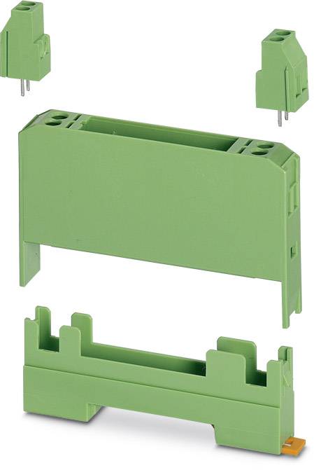 Mehrere grüne Kunststoffgehäuseteile in unterschiedlichen Formen, die zu einem modularen System für elektronische Komponenten zusammengebaut werden können.