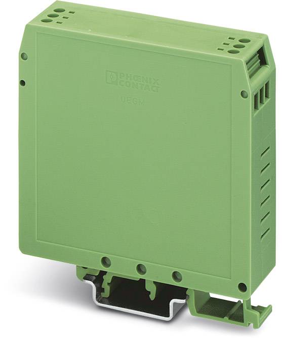 Grünes elektrisches Gerät im rechteckigen Format, montiert auf einer Metallschiene. Es handelt sich um eine Komponente der Steuerungstechnik.