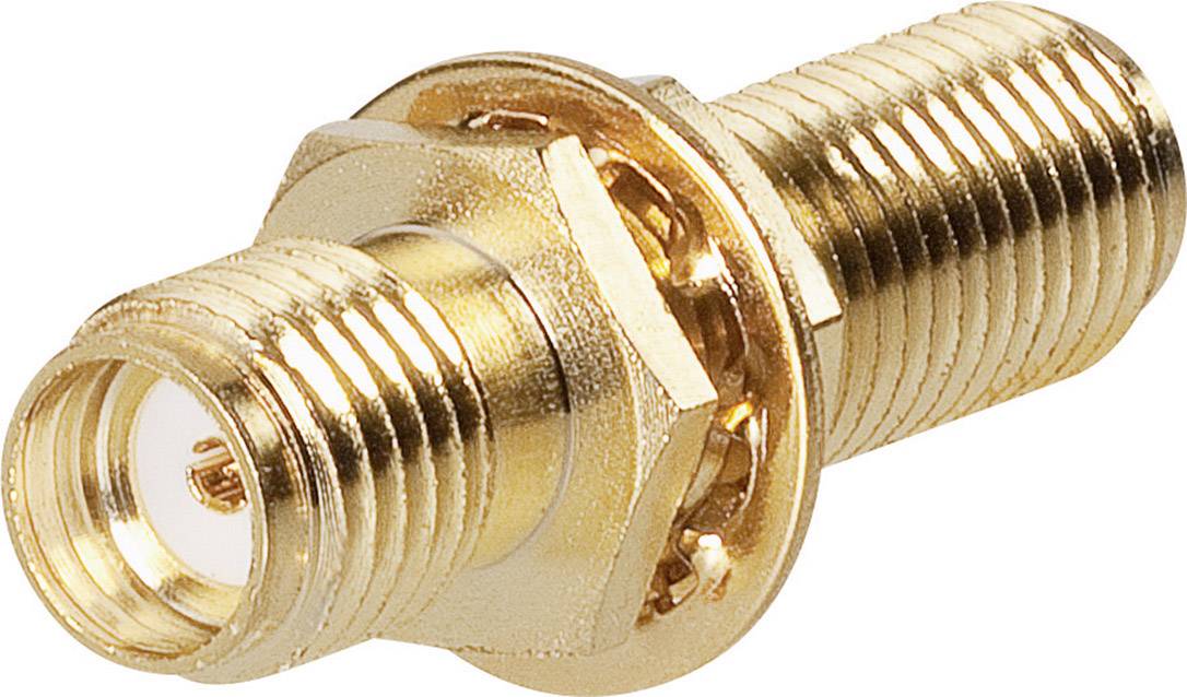 Ein vergoldeter Koaxialadapter mit Gewinde, seitlich liegend. Verbindet koaxiale Kabel für Audio- und Videosignale.