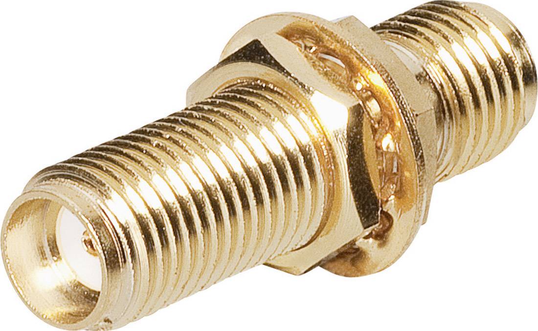 Goldfarbener Koaxialstecker, männlich zu weiblich, mit Gewinde und Sechskantmutter, für Kabelverbindungen in Elektroniksystemen.