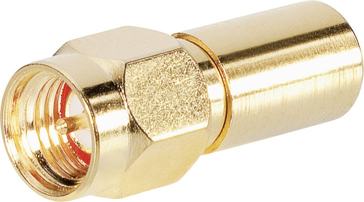 Goldener Koaxialadapter mit einem F-Stecker zu einem SMA-Buchse. Geeignet für Verbindung elektrischer Signale in Antennensystemen.