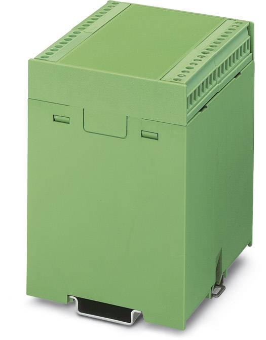 Grüner elektrischer Schaltschrankkasten in einem rechteckigen Design. Verfügt über Lüftungsschlitze an der Oberseite.