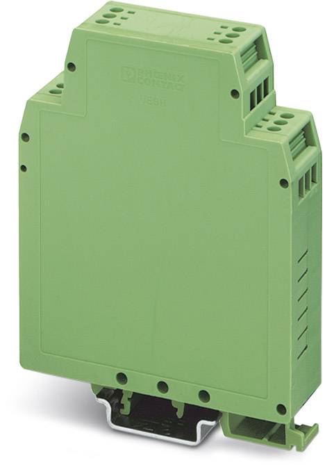 Ein grünes, rechteckiges elektronisches Gehäuse für die Hutschienenmontage, verwendet zur Befestigung und Schutz von Elektronikkomponenten.