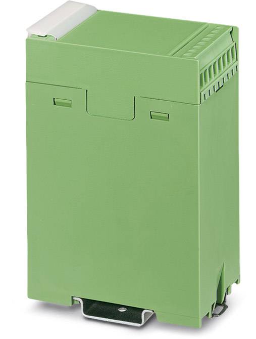 Ein grünes, rechteckiges elektronisches Modul, wahrscheinlich ein Schaltschrankbauteil, auf einer weißen Oberfläche.