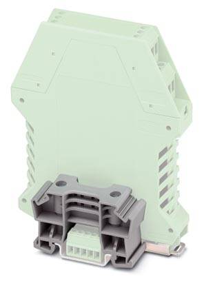 Ein grüner, rechteckiger elektrotechnischer Adapter mit grauem Befestigungsclip, vermutlich für die Montage auf Hutschienen in Schaltschränken.