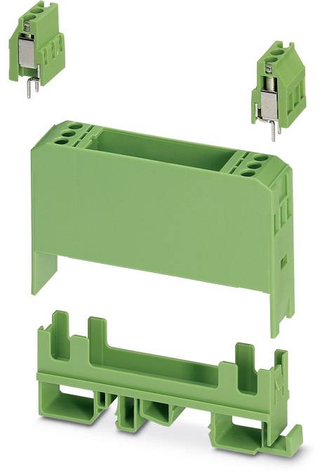 Ein zerlegtes, grünes Bauteil mit mehreren Steckverbindungen und einer Halterung, wahrscheinlich ein elektrisches Anschlussmodul.