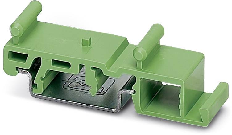 Grüner, rechteckiger Anschlussklemme-Adapter aus Kunststoff und Metall, mit verschiedenen Öffnungen und Haltern.
