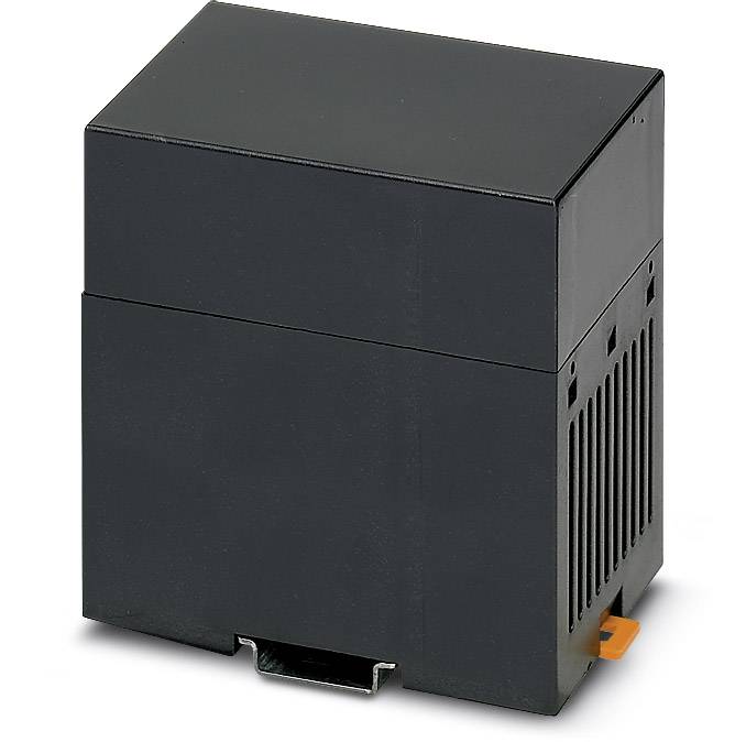 Schwarzes rechteckiges elektrisches Relais, seitlich Lüftungsschlitze und ein orangefarbener Schiebemechanismus unten.