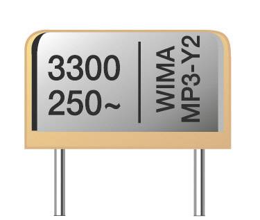 Elektronischer Kondensator mit der Aufschrift '3300 250~ WIMA MP3-Y2', orange Gehäuse, zwei Anschlüsse unten.