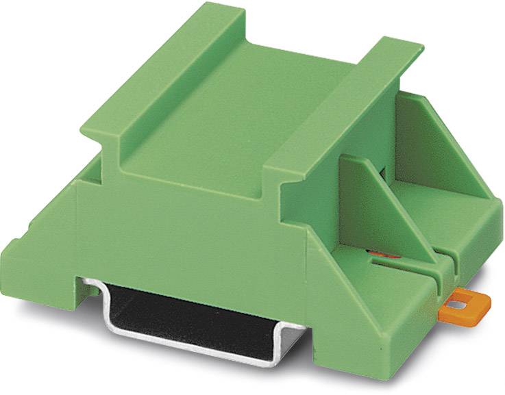 Grünes Kunststoffbauteil, rechteckig mit seitlichen Führungen, auf trapezförmiger Basis. Verwendet für Elektronikmontage.