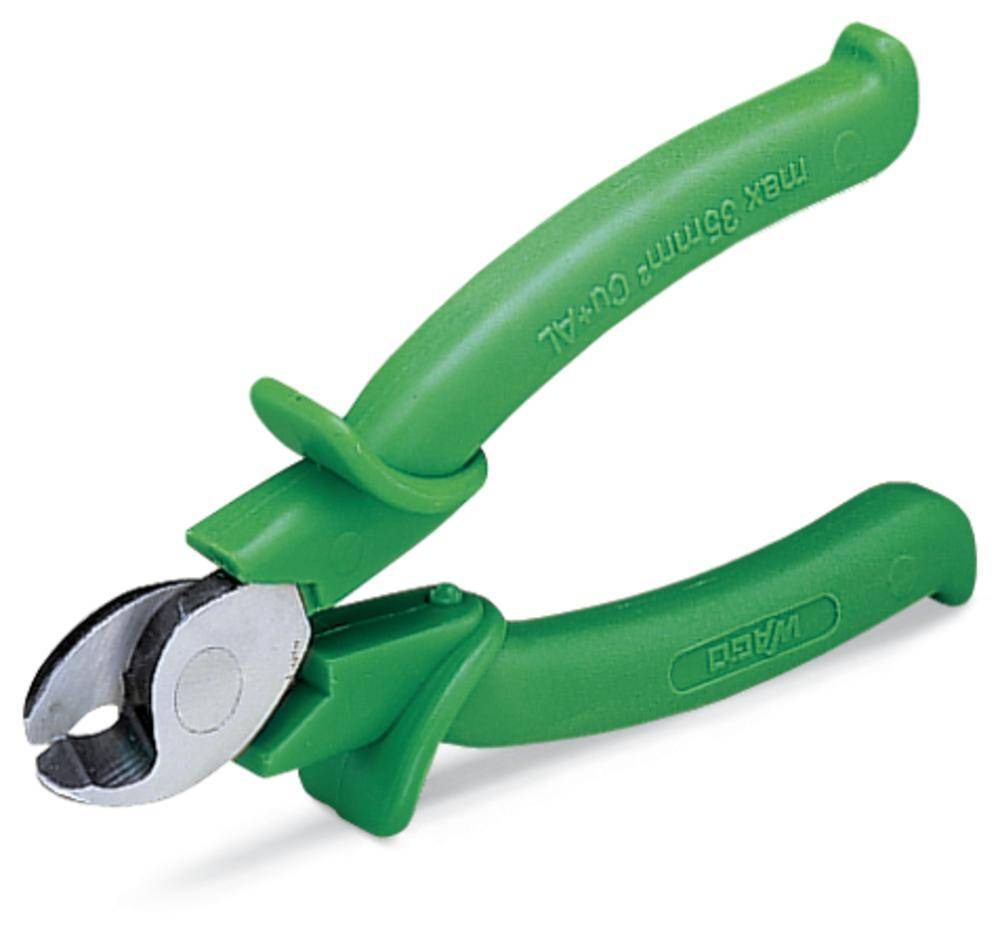 Grüne Kabelschneider-Zange mit scharfen, gebogenen Klingen zum präzisen Durchtrennen von Kabeln und Drähten.