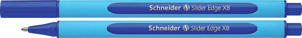 Zwei blaue Kugelschreiber mit 'Schneider Slider Edge XB' Aufschrift, einer mit geschlossener Kappe und einer mit sichtbarer Spitze.