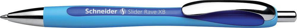 Blauer Kugelschreiber mit ergonomischem Griff und silberner Spitze, beschriftet mit 'Schneider Slider Rave XB'.